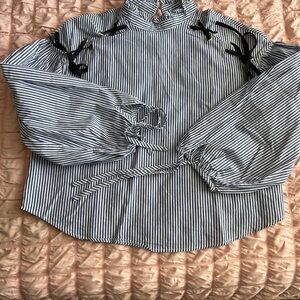 Zara navy and white stripe blouse with ribbon grommet detail at shoulders